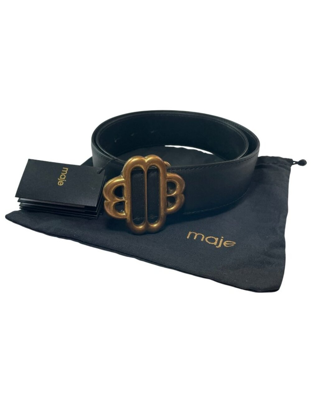Maje Black Leather Belt Gold Double Heart Buckle & Dust Bag Size T1 MSRP$115 NWT